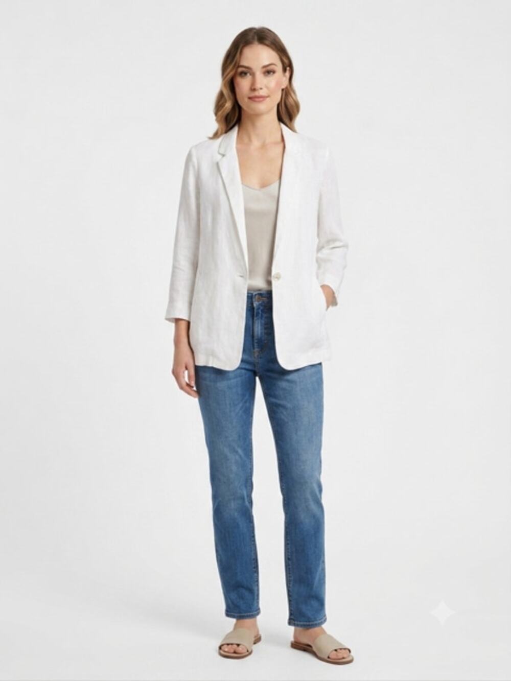 Halston White 100%‎ Linen Blazer Jacket Women's M Roll Tab Pockets Single Button